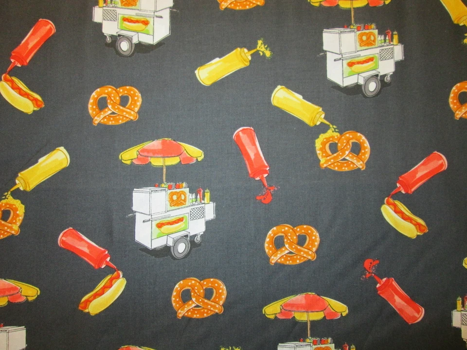 Carrito de pretzels para perros calientes mostaza bocadillos comida tela de algodón negro FQ  Foto 1 de 4