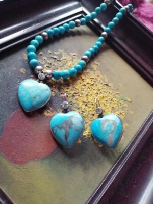 Schmuckset Silber 925 Herz Collier/Kette Anhänger Ohrringe/Ohrhänger Türkis Blau - Bild 1 von 4