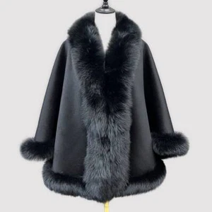 Women's  New Black Cashmere Wool Wrap Cape Fox Fur Trim   - Picture 1 of 4