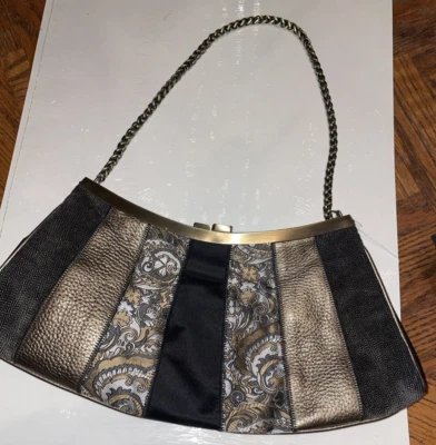 Cartera sin asas Brocado Seda Talbots Bolso de mano Marrón Bolso de noche Correa de latón Foto 1 de 4