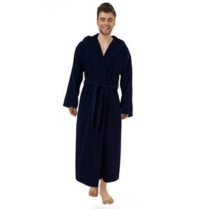 Navy Blue Cotton Terry Hooded Spa Robe for Men, One Size Adult, Full Length. - Picture 1 of 1