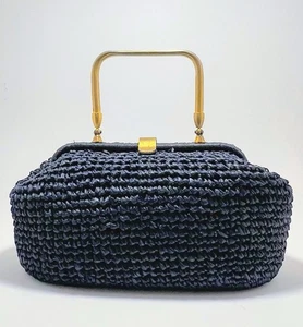 Women's Vintage Handbag Navy Raffia Made In Italy For The May Co Cleveland Rare - Picture 1 of 12