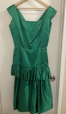 Vintage 1970’s  Emerald Green Taffeta Pleated Peplum Dress Handmade - Image 1 of 4