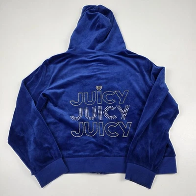 Juicy Couture Hoodie Womens Blue Velour Zip Up Rhinestone Juicy Back Jacket - Image 1 of 4