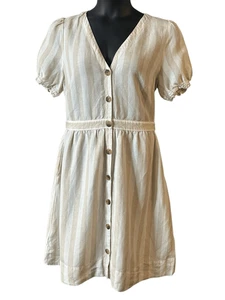 LOFT Women's White Light Tan Striped Puff Sleeve Button Down Midi Dress Size 10 - Picture 1 of 6