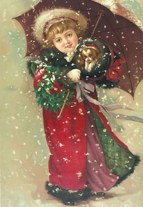 Girl, holly, King Charles spaniel dog, snow. Vintage holiday portrait notecards - Picture 1 of 2