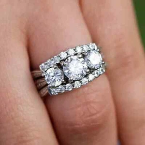 2Ct Round Cut Moissanite Three Stone 14k White Gold Plated Wedding Trio Ring Set - Picture 1 of 6