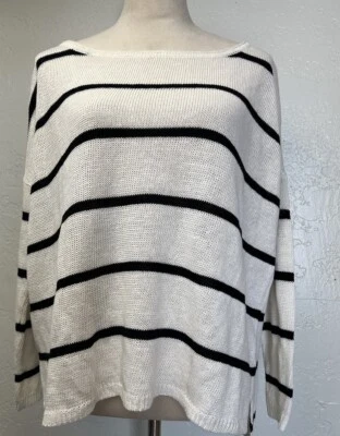 Alice + Olivia Boat Neck Striped Oversized Boxy Sweater Sz M Navy White Linen - Image 1 of 4