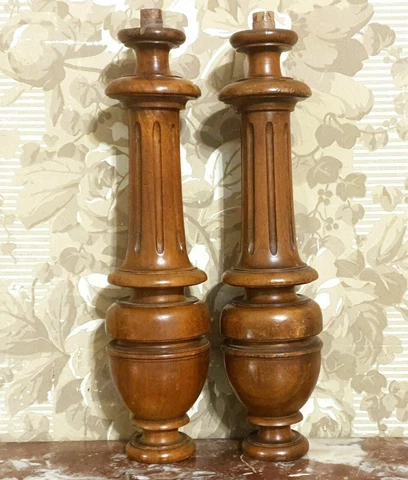 Pair spindle baluster wood turned column Antique french architectural salvage 15 Cover