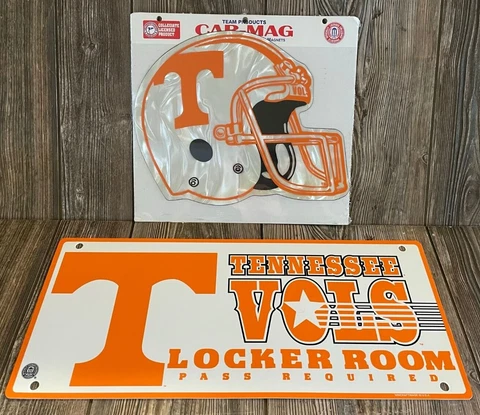Brand New Tennessee Volunteers Set of 2 Fan Items ~Novelty Sign ~ Helmet Magnet Cover
