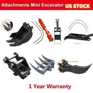 Attachments Mini Excavator : Quick Hitch, Ripper, Rake, Auger, Bucket, Thumb - Picture 1 of 45