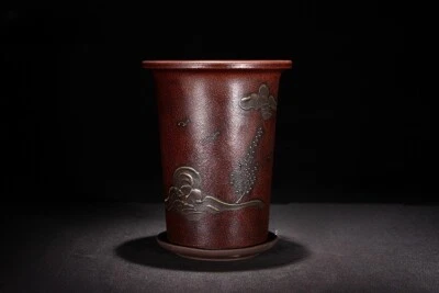 Maceta Bonsai Redonda Zisha Refinar Pintura a Mano Antigua China 7.3 pulgadas + Bandeja Foto 1 de 4