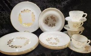 Federal Milk Glass Cups Saucers Dinner Plate Bowl Gold Trim Made in USA - Picture 1 of 8