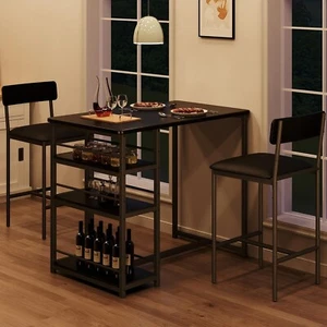 Dining Set Wood Top Table and 2 Height Chairs Bar Stools for small Kitchen Black - Picture 1 of 7