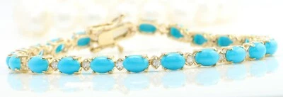 10.00 Carat Natural Turquoise and Diamonds in 14K Solid Yellow Gold Bracelet - Image 1 of 4