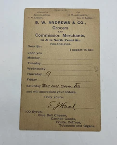 1896 POSTAL CARD +PHILADELPHIA PA B. W. Andrews Grocers 10 & 12 North Street - Picture 1 of 7