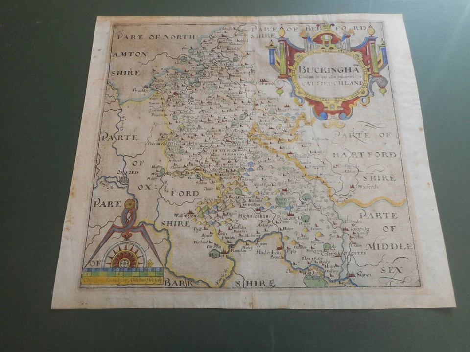 MAPA 100% ORIGINAL DE BUCKINGHAMSHIRE POR SAXTON KIP C1610 ESCASSO COLORIDO À MÃO - Imagem 1 de 1