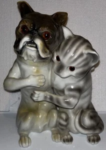 Rare Large 10” Antique Porcelain Dog and cat with Brown Glass Eyes Money Bank - Picture 1 of 13