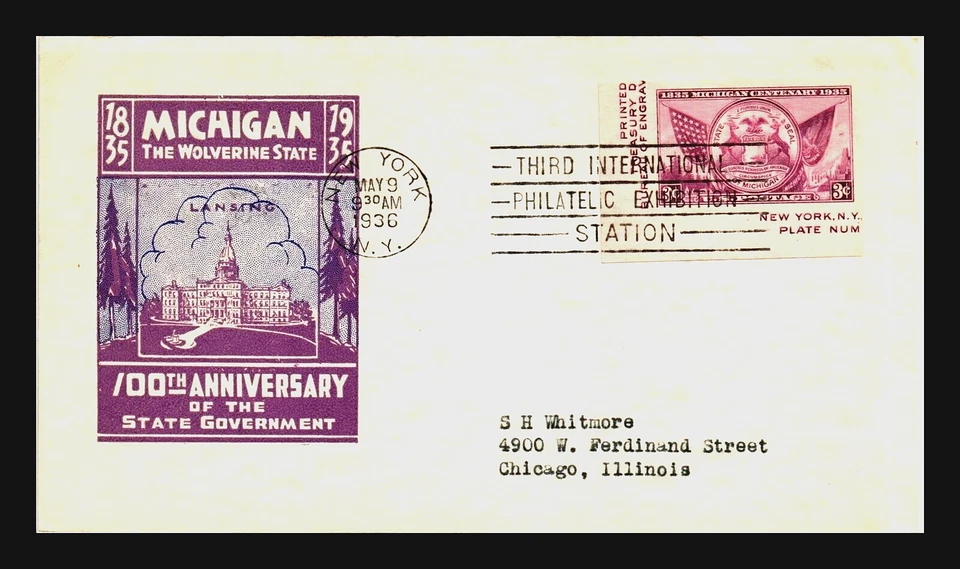 778c 3c SS Cut (1936) MICHIGAN CENTENARY - TIPEX FDC - FROM HARRY IOOR CACHETS - Image 1 of 1