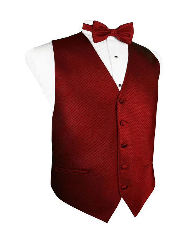 Grid Pattern Tuxedo Vest and Bow Tie in Shades of Claret and Wine - Image 1 of 1