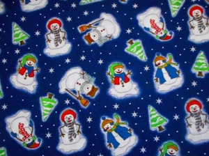 Christmas Fabric 1 1/2 Yard Happy Snowmen White Snow Star Navy Blue Cotton 5 Vtg - Picture 1 of 2
