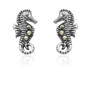 925 Sterling Silver Genuine Marcasite Small Seahorse Stud Earrings Women Minimal - Picture 1 of 4