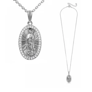 Collana In Argento Sterling Con Pietre CZ Medaglione Religioso A Forma Ovale - Foto 1 di 4