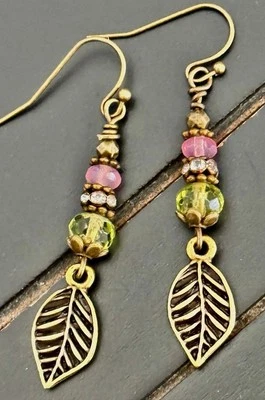 Lovely Bronze Leaf, Rhinestone, Green and Pink Picasso Bead Dangle Earrings. - Image 1 of 3