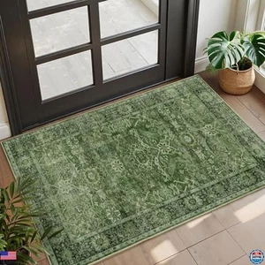 Elegante alfombra de entrada lavable vintage verde 2x3 - alfombra antideslizante de pelo bajo para cocina - Imagen 1 de 6