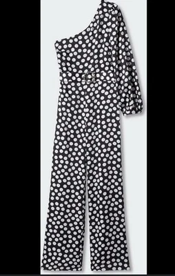 Mono asimétrico a lunares Mango para mujer XL negro crema con cinturón manga única Foto 1 de 4