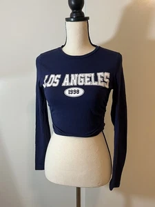 SHEIN Long Sleeve Navy Blue Ruched Crop Graphic Print Los Angeles Size Medium - Picture 1 of 7