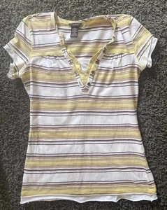 Anxiety Damen T-Shirt Streifen gelb weiß braun  Lagenlook Gr. L - Bild 1 von 3