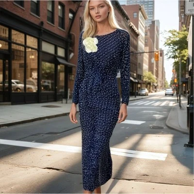 Nicole Miller Navy Blue Polka Dot Maxi Dress with Removeable Flower - Image 1 of 4