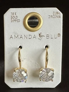 Amanda Blu Gold Drop Cubic Zirconia Solitaire Earrings 18k Gold Dipped New - Picture 1 of 3