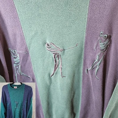 Винтажный мужской свитер для гольфа 90-х с вышивкой размер XL зеленый цветной блок хлопок для торговцев   - Изображение 1 из 4