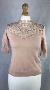M&S Nude Rosa Kurzarm Häkel Hochgeschlossen Tight Strick Top UK6 Neu mit Etikett A2 - Bild 1 von 10