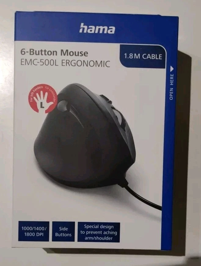 Hama EMC 500L 6 button ergonomic mouse  L/H wired (1.8m) - Image 1 of 4