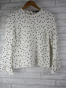 Zara womens top blouse white black polka dot print L, 14 flared sleeves - Picture 1 of 10