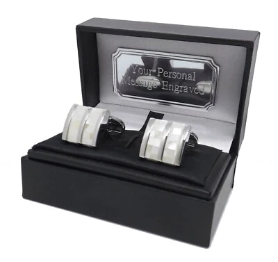 White Mother of Pearl Mosaic Mens Wedding Gift cufflinks + Personalised Gift Box - Image 1 of 4