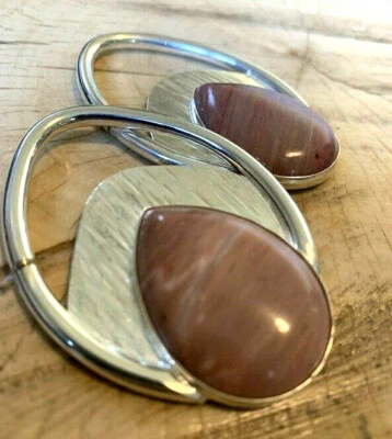 PAR DE PENDIENTES OVALADOS 6G CHAPADOS EN PLATA Y MADERA PETRIFICADA PESAS DE OREJA TAPONES CALIBRE Foto 1 de 4