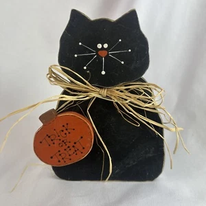 Sitting Black Cat Figurine Trick Or Treat Pumpkin Hand Painted Wood Halloween - Picture 1 of 9