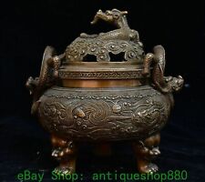 7'' Old Chinese Dynasty Bronze Dragon Loong 3 Beast Leg Incense Burner Censer