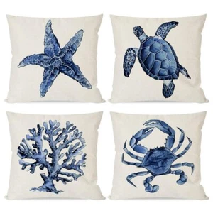 Set of 4 Nautical Coastal Ocean Throw Pillow Covers 18"x18" Pillow Case for Sofa - Picture 1 of 7