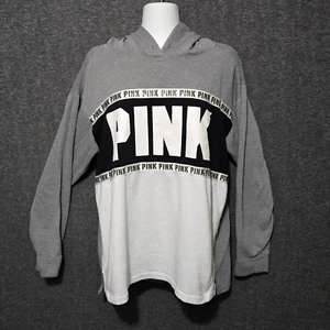Victorias Secret PINK Hoodie Sweatshirt Womens Medium Gray Colorblock Spellout - Picture 1 of 10