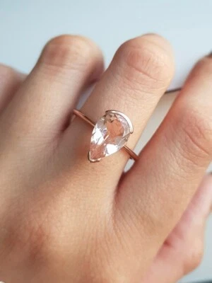 Anillo de compromiso de morganita corte pera, propuesta de plata 925 y anillo de cumpleaños para el amor Foto 1 de 2