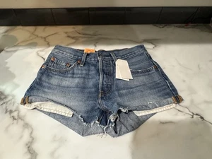 Pantalones Cortos Levi’s 501 Para Mujer Talla 24 Azul Botón Mosca Distress Corte Denim Recto - Imagen 1 de 6