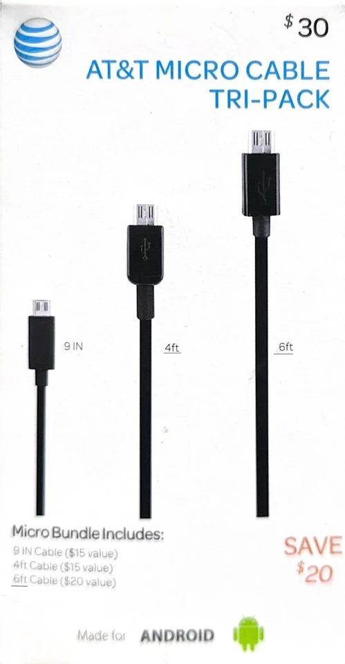 Paquete de 3 cables AT&T (9 pulgadas/4 pies/6 pies) - Micro USB - Negro Foto 1 de 3