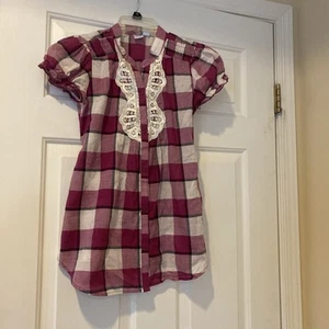 Love Mkn Girls Button Up Blouse Sz L Multi Color Check Lace Smock 100 % Cotton  - Picture 1 of 9