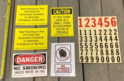Vintage Sticker Lot Funny OSHA No Smoking Danger No Turkeys Emergency Numbers - Image 1 of 2
