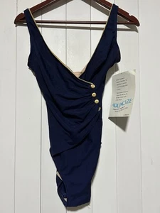 Vtg NOS Robby Len Blue One Piece Swimsuit Swim Dress Women 10T Gold Button USA - Picture 1 of 6
